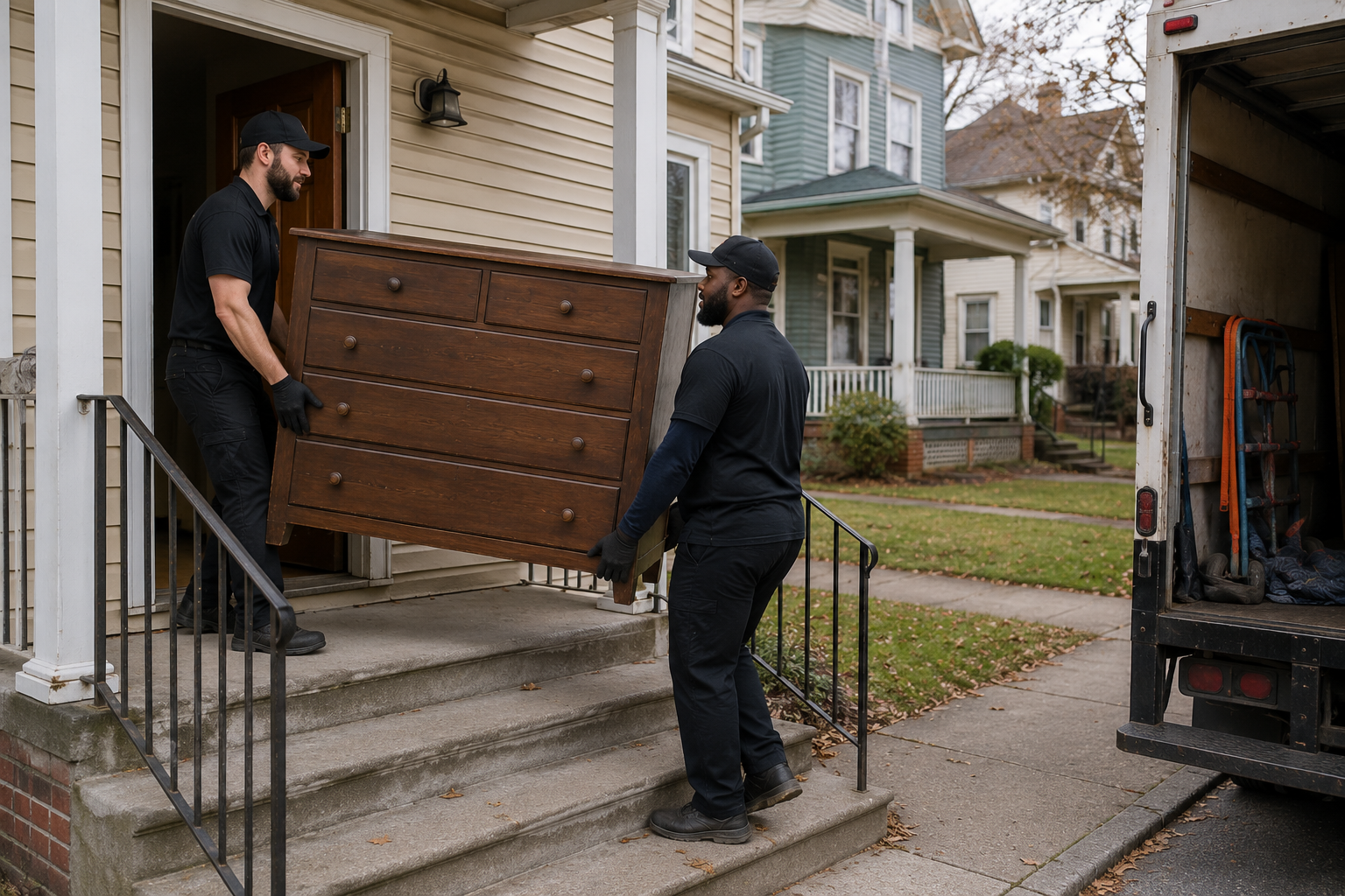 Crew carrying a heavy dresser out of a Cleveland home during furniture removal