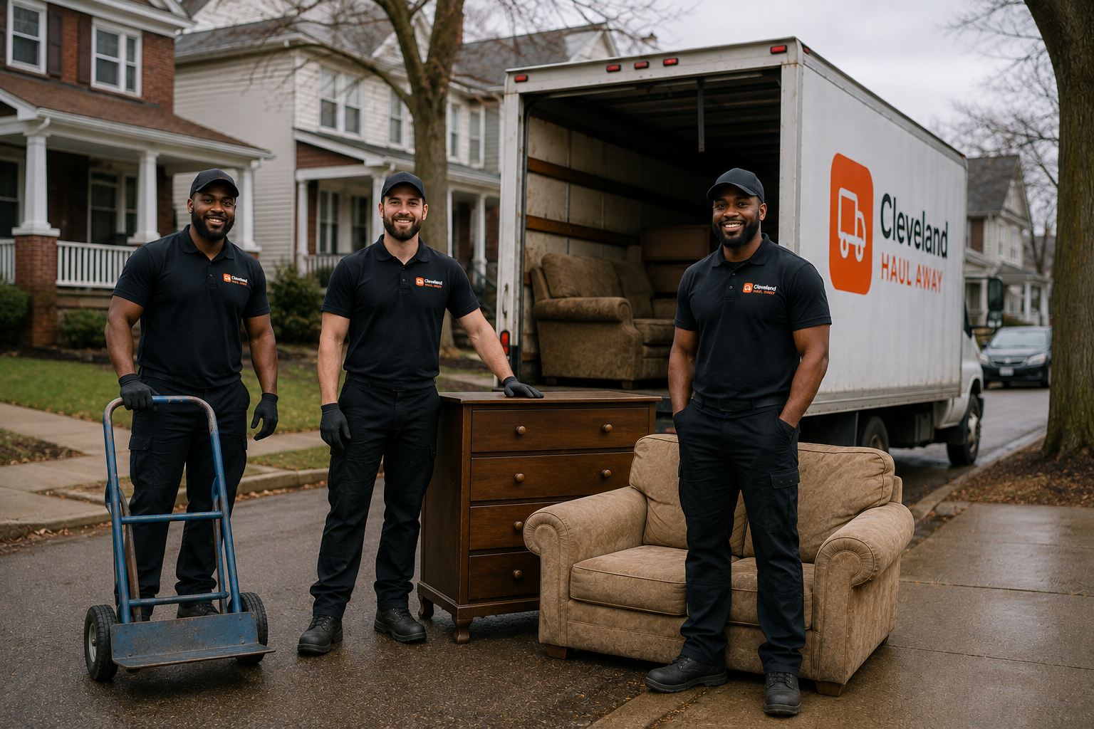 Old couch set out for haul away pickup outside a Cleveland home