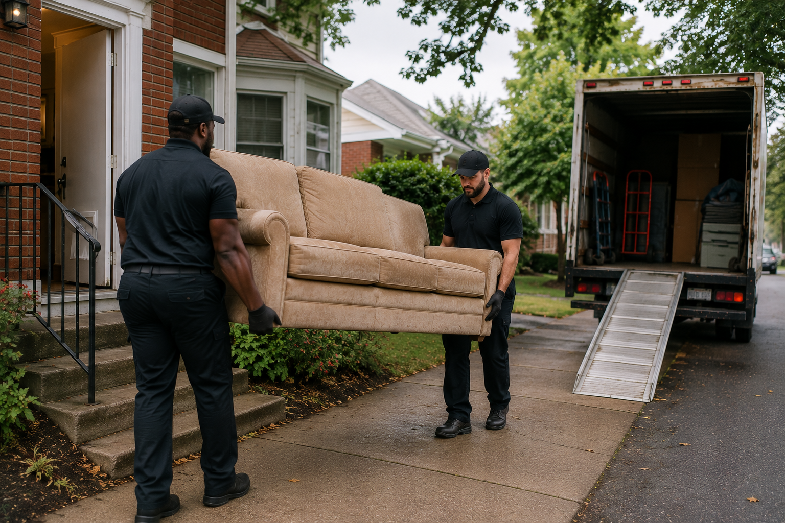 Crew hauling away an old couch from a Cleveland home