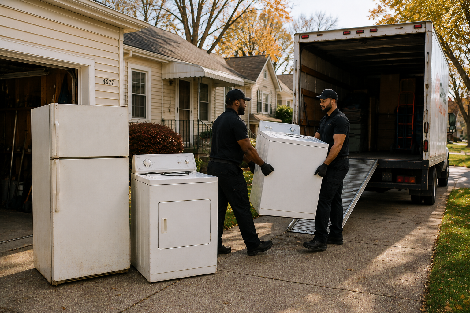 Old refrigerator, washer, and dryer set out for appliance removal in Cleveland