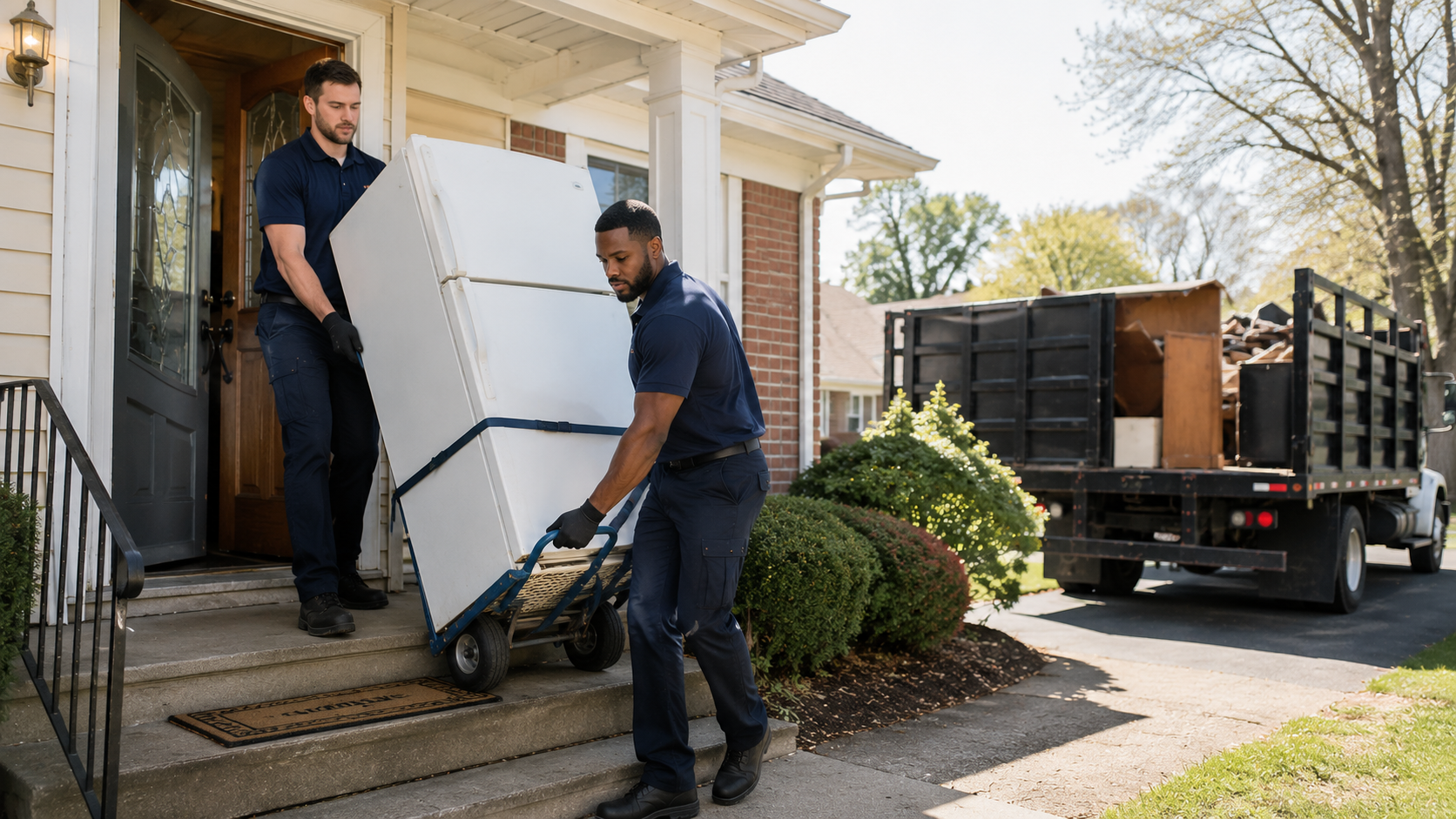 Uniformed crew carrying an old refrigerator out of a Cleveland home for pickup