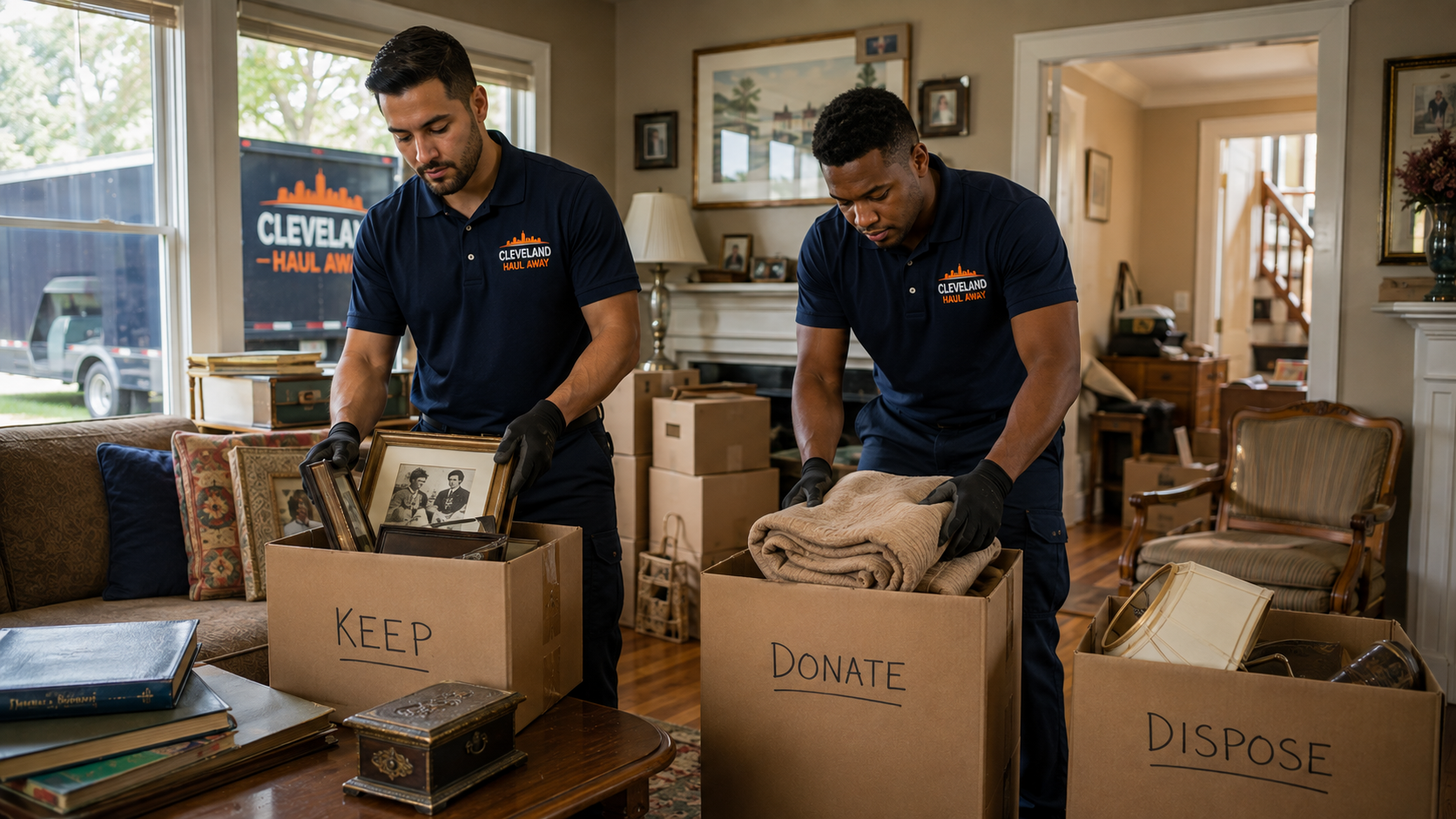 Crew carefully sorting and removing items during a Cleveland estate cleanout