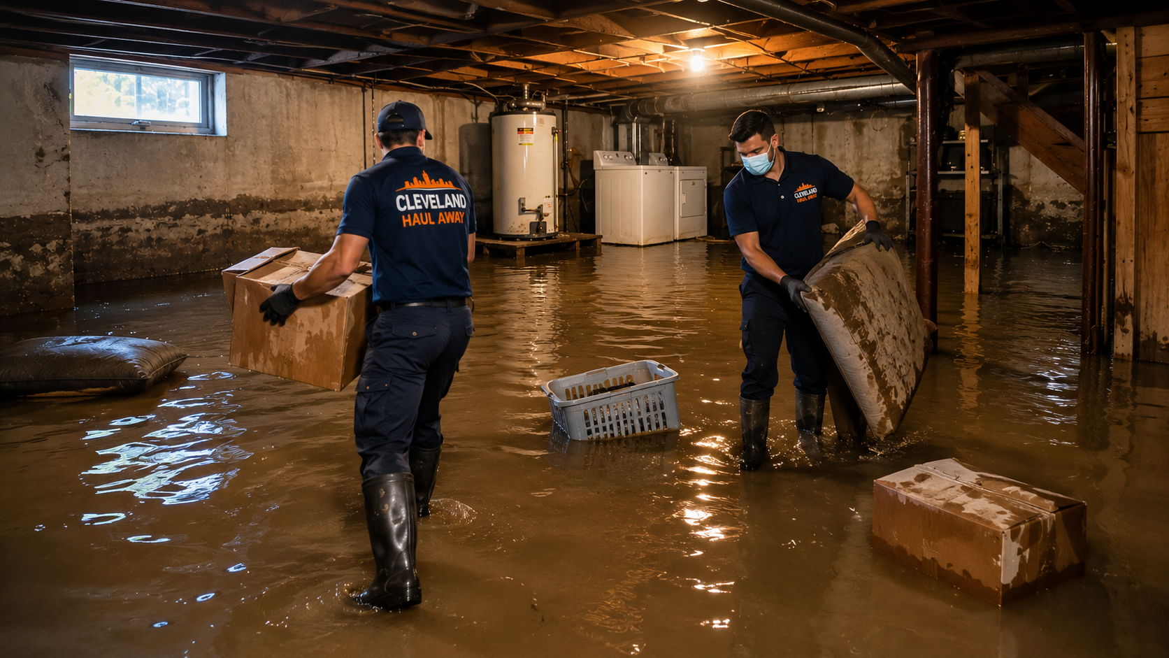 Flooded basement in a Cleveland home with standing water and damaged contents