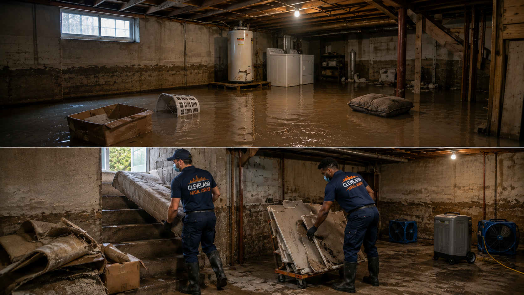 Crew hauling out soaked furniture and drywall from a flooded Cleveland basement