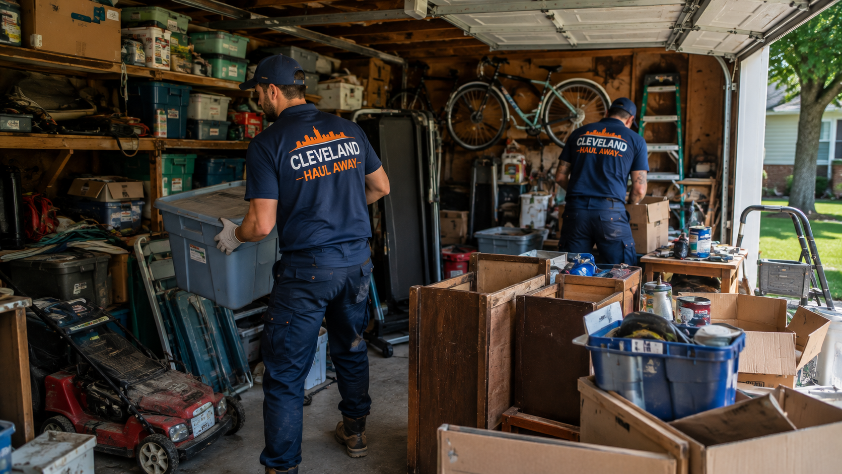 Cluttered two-car garage in Cleveland before a cleanout