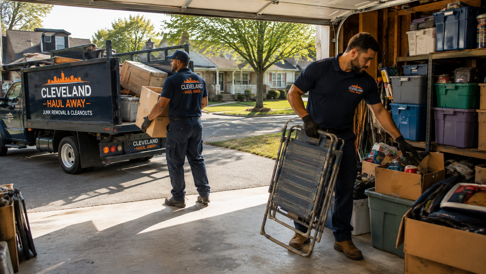 Uniformed crew clearing out a Cleveland garage and loading items into a truck