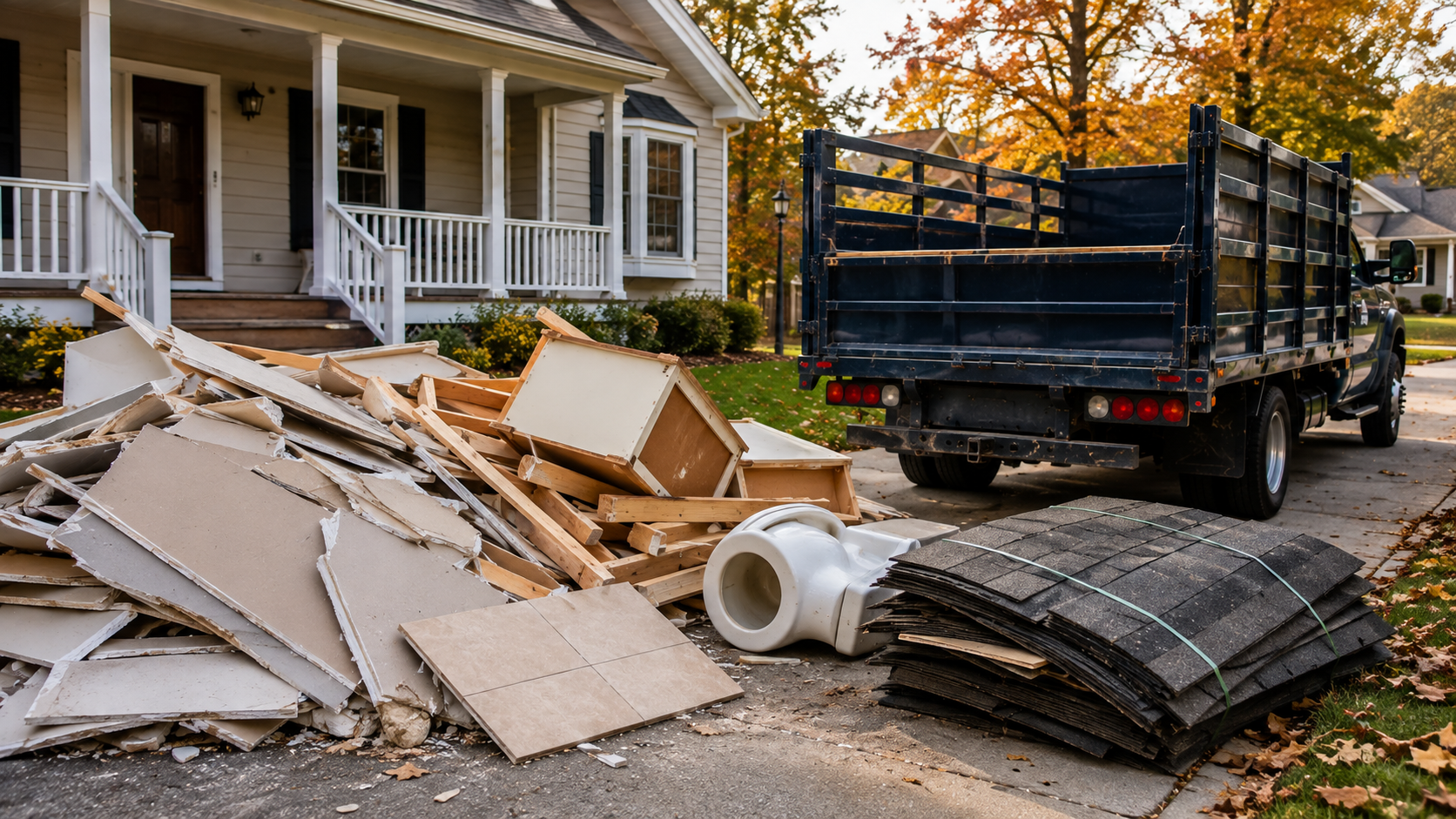 Crew loading construction debris from a Cleveland renovation into a haul-away truck