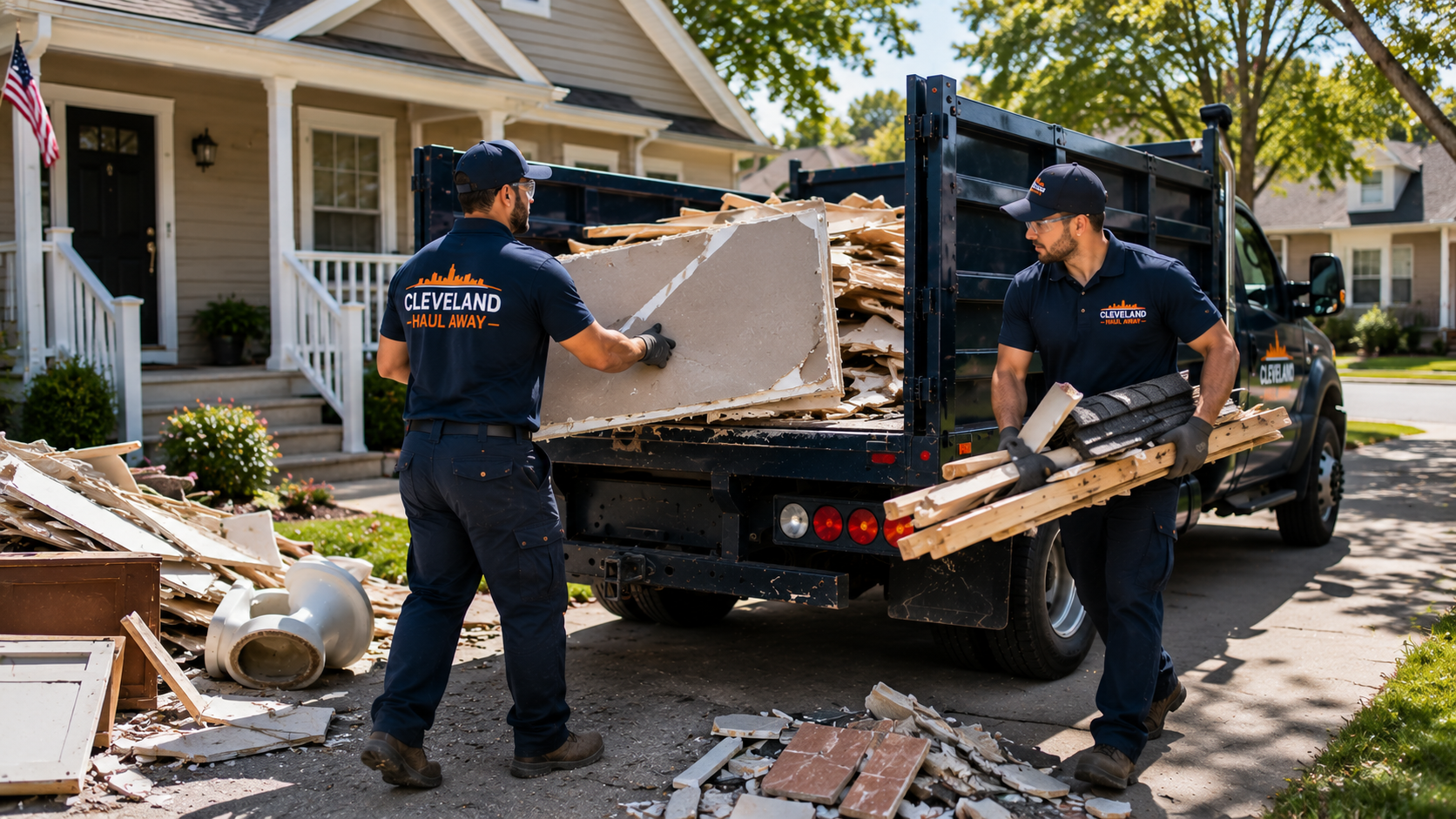 Pile of construction debris from a Cleveland home renovation ready for haul-away